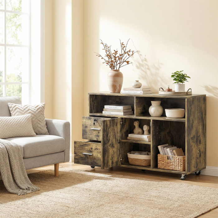  Dulap pentru Imprimanta pe Roti cu 2 Sertare cu incuietoare, 3 Rafturi si Dulap, Dulap pentru Documente de Birou si Studio, 100x35x65 cm, Maro Rustic [9]