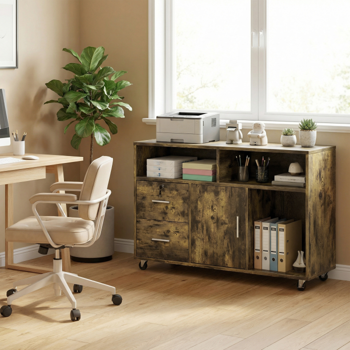  Dulap pentru Imprimanta pe Roti cu 2 Sertare cu incuietoare, 3 Rafturi si Dulap, Dulap pentru Documente de Birou si Studio, 100x35x65 cm, Maro Rustic [2]