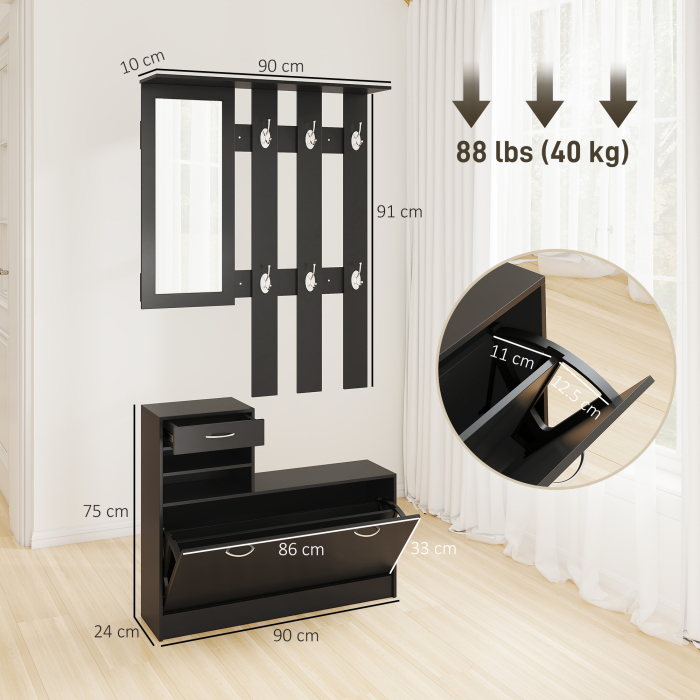  Dulap pentru Intrare Cuier cu Pantofar si Oglinda, Rafturi si Sertar, Dulap Cuier din PAL, 90x10x91 cm, Negru [3]