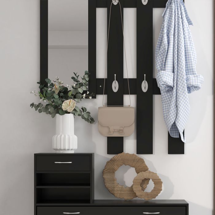  Dulap pentru Intrare Cuier cu Pantofar si Oglinda, Rafturi si Sertar, Dulap Cuier din PAL, 90x10x91 cm, Negru [8]