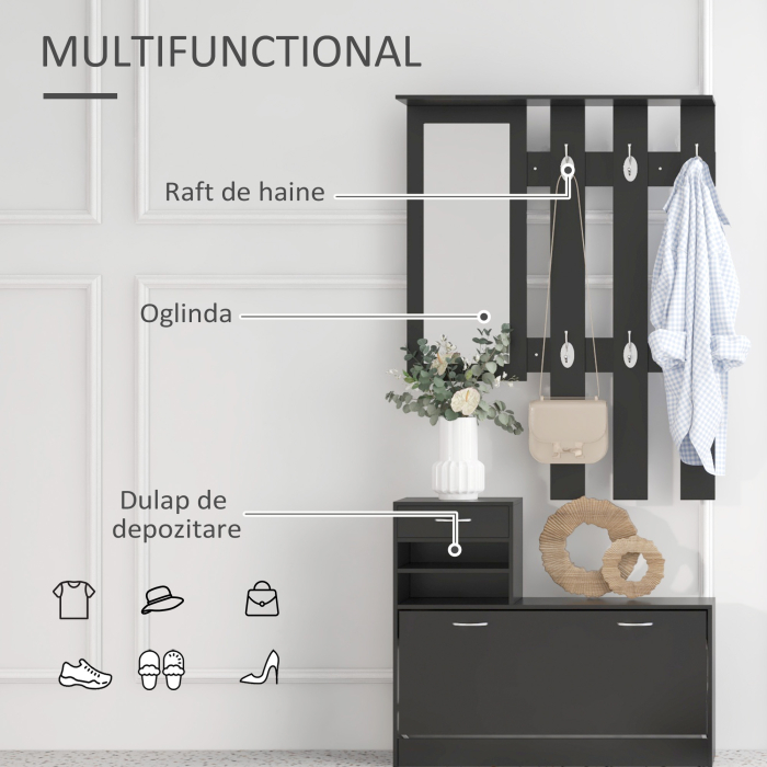  Dulap pentru Intrare Cuier cu Pantofar si Oglinda, Rafturi si Sertar, Dulap Cuier din PAL, 90x10x91 cm, Negru [4]