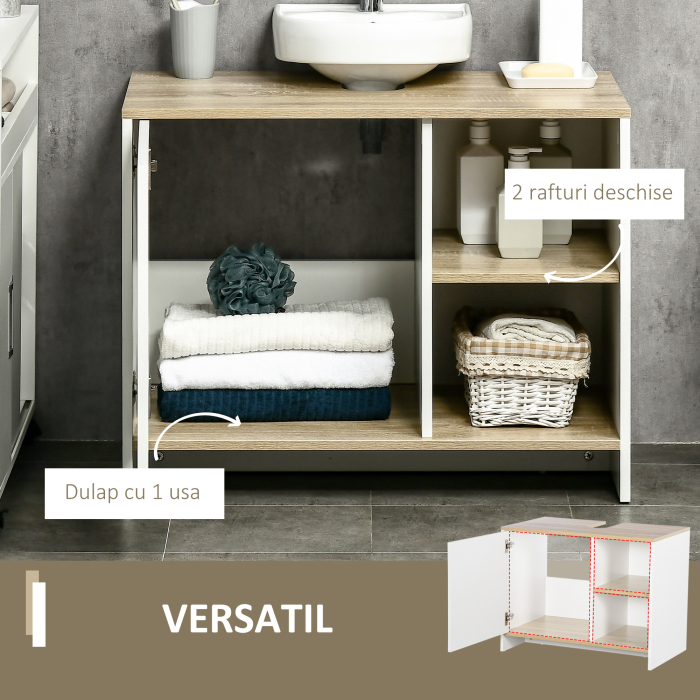  Dulap pentru lavoar pentru baie, 77x45x60cm, alb si culoarea lemnului [5]