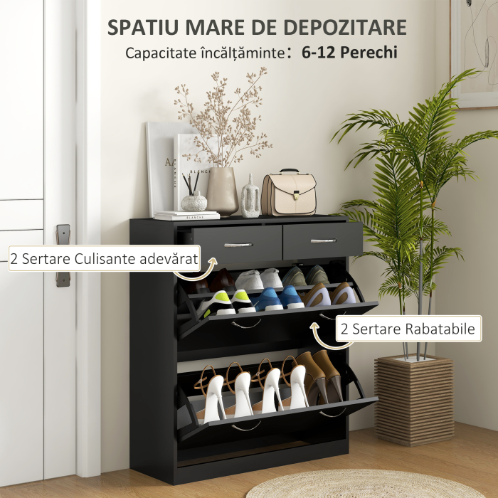  Dulap pentru Pantofi Modern cu 2 Rafturi Regabile si 2 Sertare din Lemn Negru [4]