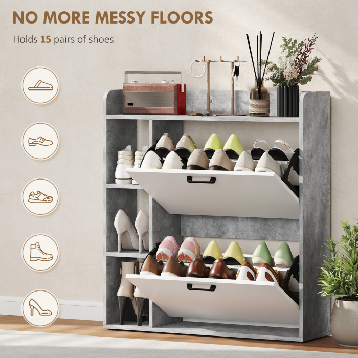  Dulap pentru pantofi slim cu 2 sertare rabatabile, Capacitate 15 perechi de pantofi, 83x24x90.5 cm, Gri [4]