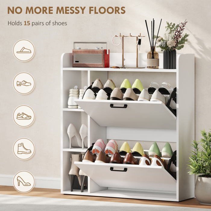  Dulap pentru pantofi slim cu 2 sertare rabatabile si 3 rafturi, Capacitate 15 perechi, 83x24x90.5 cm, Alb [4]