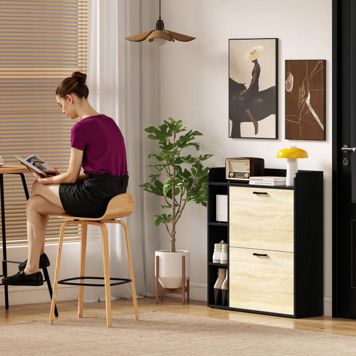  Dulap pentru pantofi slim cu 2 sertare si 3 compartimente deschise, Capacitate 15 perechi, 83x24x90.5 cm, Negru [9]