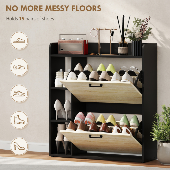  Dulap pentru pantofi slim cu 2 sertare si 3 compartimente deschise, Capacitate 15 perechi, 83x24x90.5 cm, Negru [4]