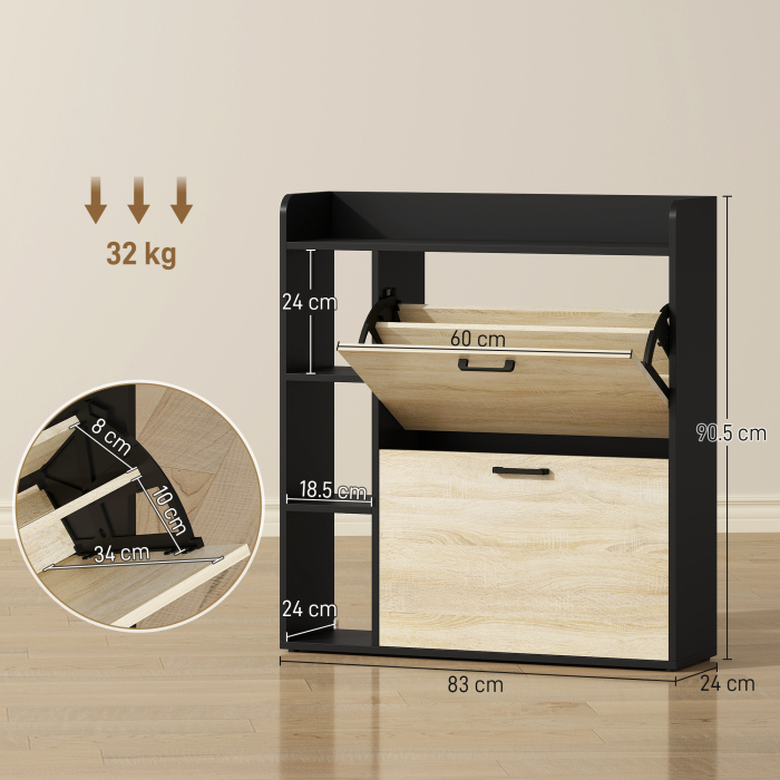  Dulap pentru pantofi slim cu 2 sertare si 3 compartimente deschise, Capacitate 15 perechi, 83x24x90.5 cm, Negru [3]