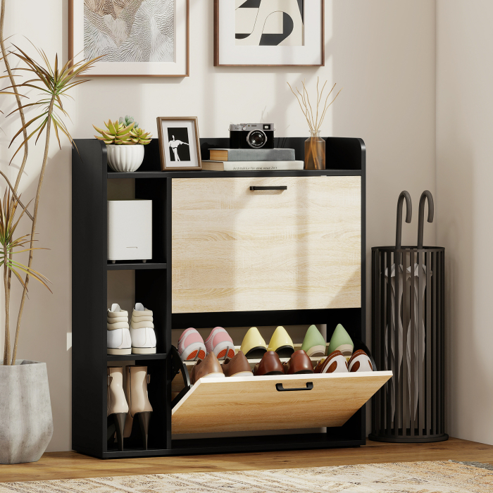  Dulap pentru pantofi slim cu 2 sertare si 3 compartimente deschise, Capacitate 15 perechi, 83x24x90.5 cm, Negru [2]