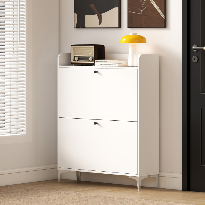  Dulap pentru Pantofi Slim cu 2 Usi Rabatabile, Rafturi Reglabile, Blat Superior si Baza Ridicata, Potrivit pentru 16 Perechi, PAL si Metal, 80x24x101 cm, Alb [9]