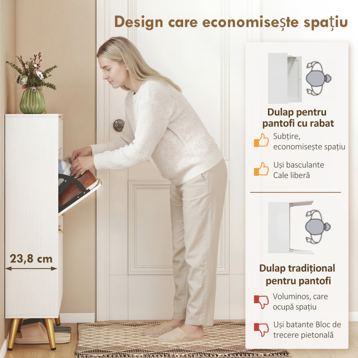  Dulap pentru Pantofi Slim cu Usi Rabatabile, Rafturi Reglabile, pentru 12 Perechi, Alb [4]