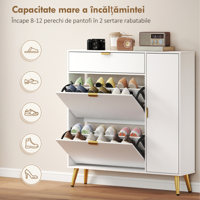  Dulap pentru Pantofi Slim cu Usi Rabatabile, Rafturi Reglabile, pentru 12 Perechi, Alb [5]