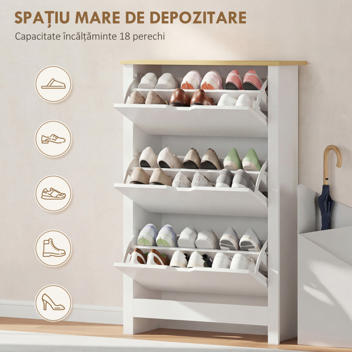  Dulap pentru Pantofi Slim pentru 18 Perechi de Pantofi, 3 Sertare cu 2 Rafturi Reglabile si Detasabile, 72x26x112 cm, Alb [4]