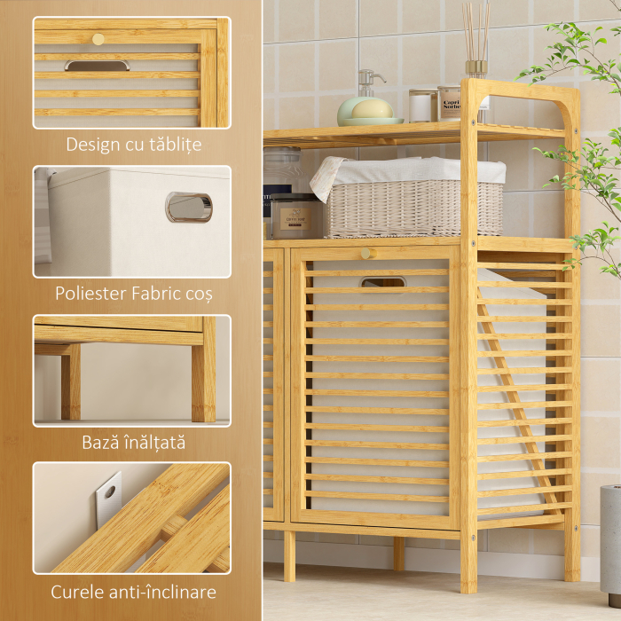  Dulap pentru rufe cu 2 cosuri de 41L si 2 rafturi, din bambus si poliester, 82x33x88 cm, culoare lemn si crem [9]