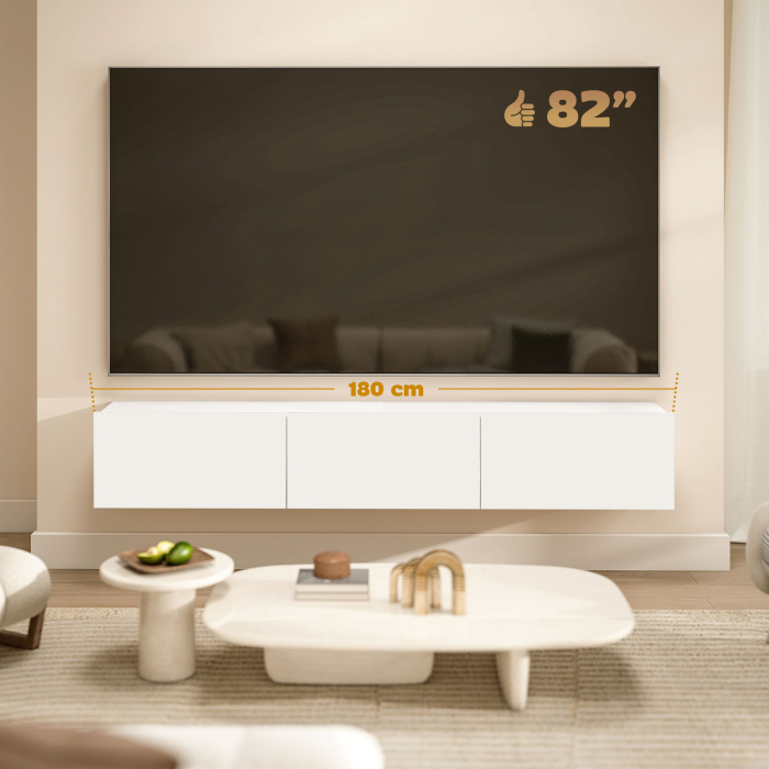  Dulap pentru televizoare de pana la 82" Suspendat cu 3 Dulapuri Rabatabile si Usi Soft Close, Alb [6]