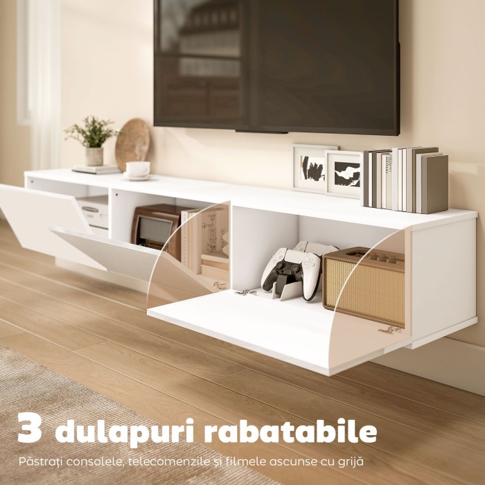  Dulap pentru televizoare de pana la 82" Suspendat cu 3 Dulapuri Rabatabile si Usi Soft Close, Alb [5]
