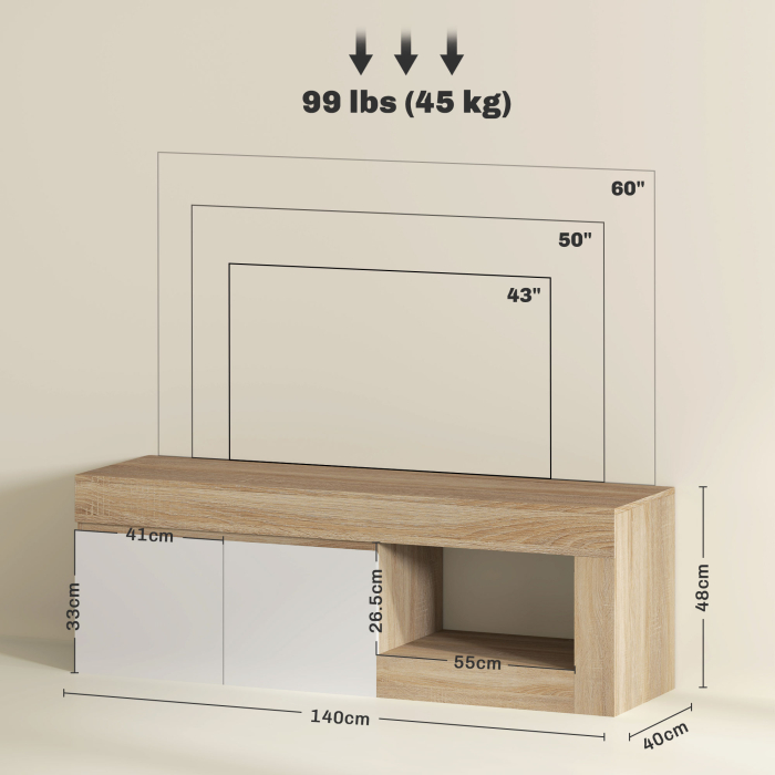  Dulap pentru TV de 60" cu Dulapior, 2 Usi si Raft Deschis, Mobilier TV din Lemn, 140x40x48 cm, Lemn Natural [3]