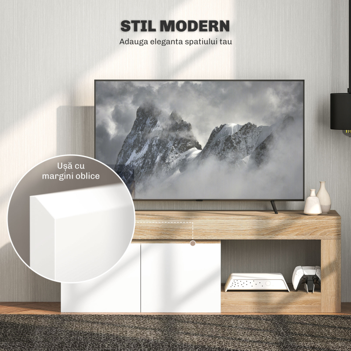  Dulap pentru TV de 60" cu Dulapior, 2 Usi si Raft Deschis, Mobilier TV din Lemn, 140x40x48 cm, Lemn Natural [4]