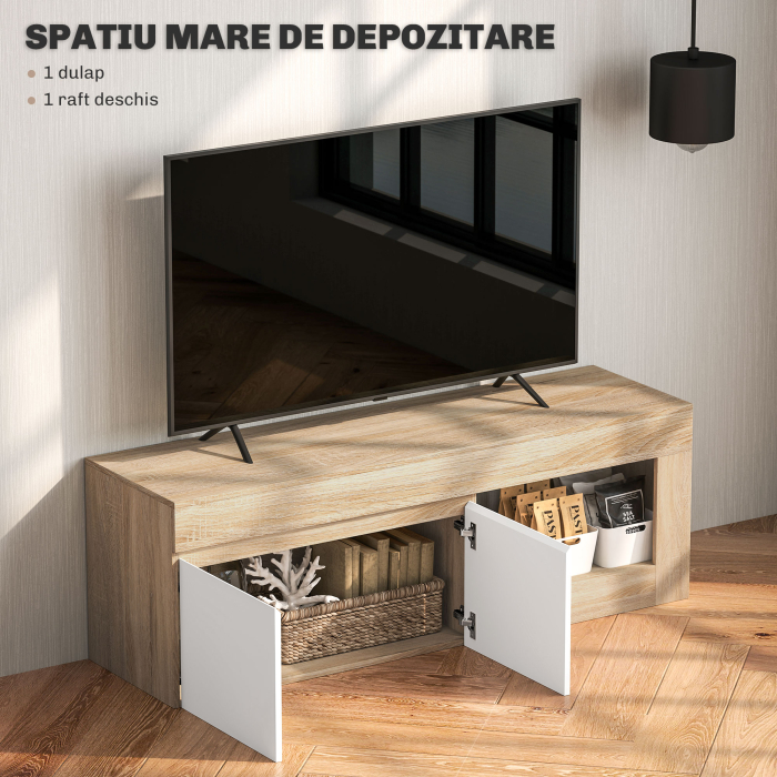  Dulap pentru TV de 60" cu Dulapior, 2 Usi si Raft Deschis, Mobilier TV din Lemn, 140x40x48 cm, Lemn Natural [5]