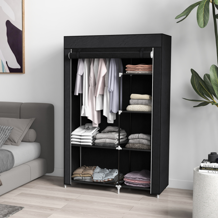  Dulap Portabil din Material, Dulap cu 6 Rafturi Deschise, 1 Bara si Usa cu Fermoar, 103x43x162,5 cm, Negru [2]