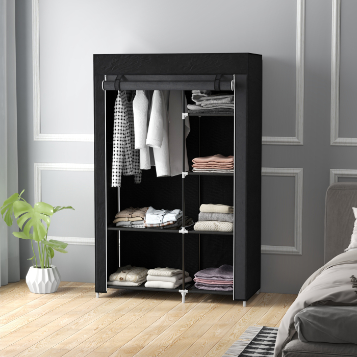  Dulap Portabil din Material, Dulap cu 6 Rafturi Deschise, 1 Bara si Usa cu Fermoar, 103x43x162,5 cm, Negru [7]