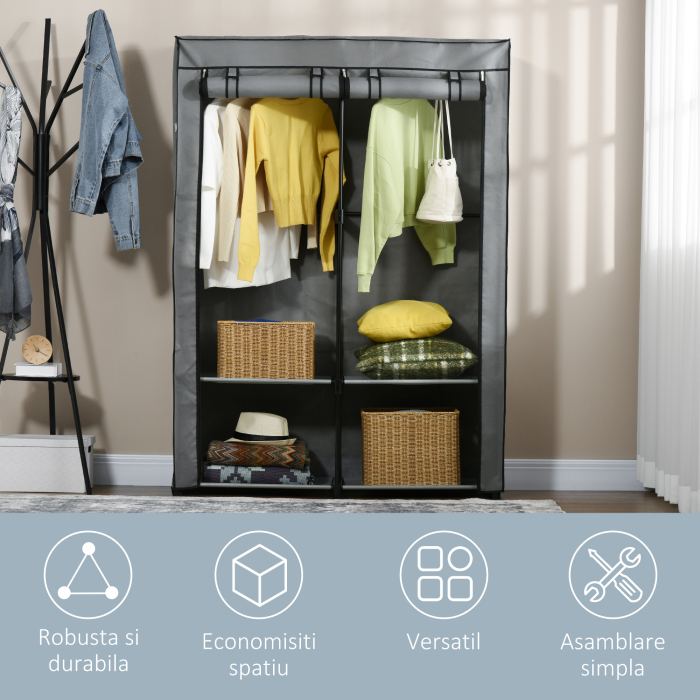  Dulap Portabil - Gri, cu 4 Rafturi, 2 Umerase & Usa [6]