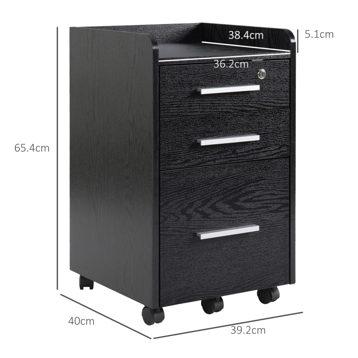 Dulap Portadocumente din Lemn cu 3 Sertare cu Chei de Securitate si 5 Roti, 39.2x40x65.4 cm, Negru [3]