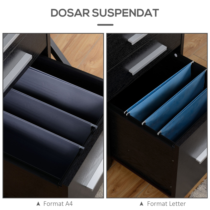  Dulap Portadocumente din Lemn cu 3 Sertare cu Chei de Securitate si 5 Roti, 39.2x40x65.4 cm, Negru [5]