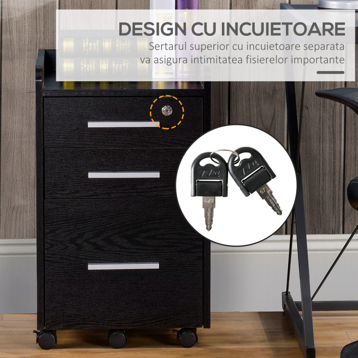  Dulap Portadocumente din Lemn cu 3 Sertare cu Chei de Securitate si 5 Roti, 39.2x40x65.4 cm, Negru [6]