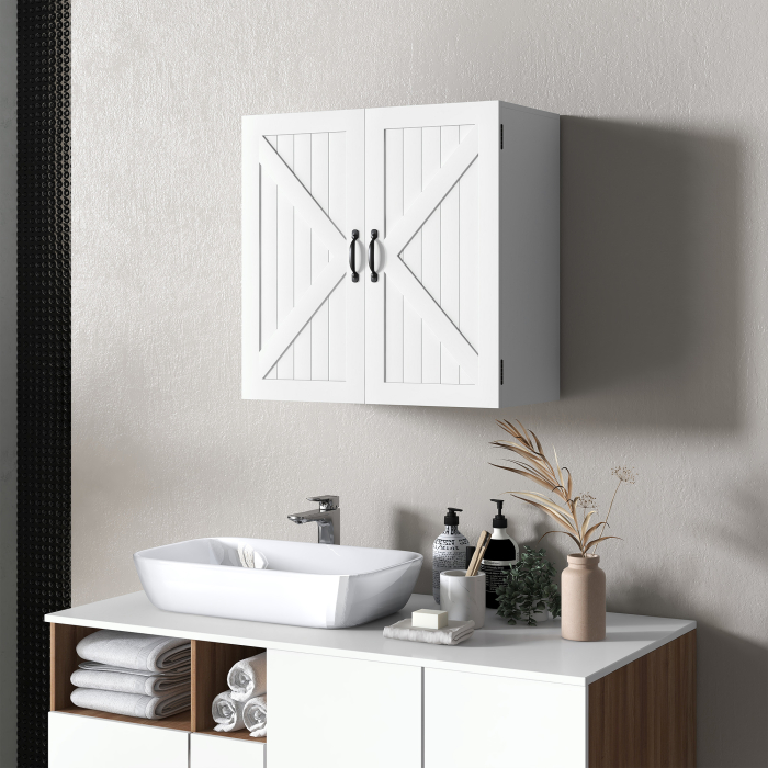  Dulap Rustic de Perete pentru Baie, cu Usi in Stil X si Raft Reglabil, Depozitare pentru Baie, Bucatarie sau Hol, Rezistent la Apa,60x30x60 cm [2]