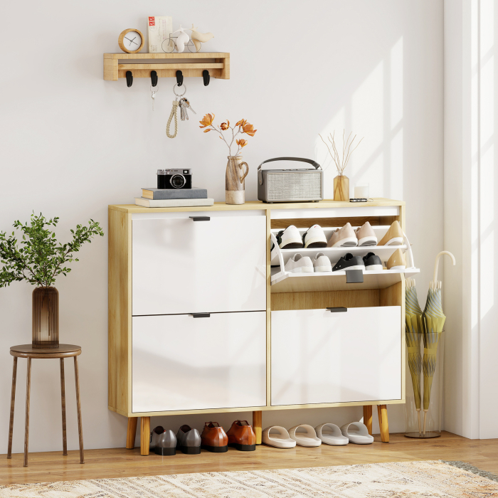  Dulap Slim Modern pentru Pantofi cu 4 Sertare Rabatabile, Capacitate 20 Perechi de Pantofi, 105x24x92.5 cm, Alb [2]
