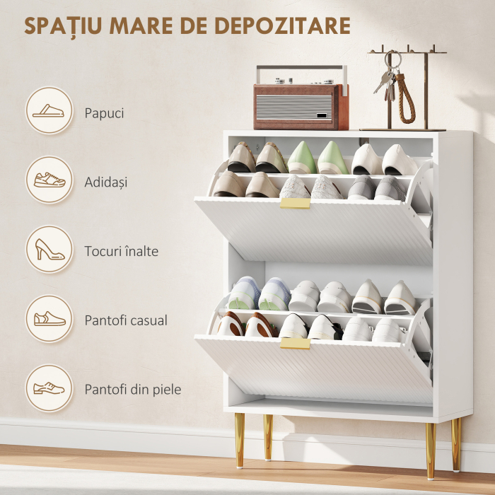  Dulap Slim pentru 12 Perechi de Pantofi, cu 2 Sertare Rabatabile si Rafturi Reglabile, 60x24x91.5 cm, Alb [5]