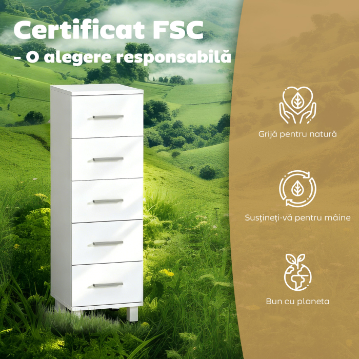  Dulap Slim pentru Baie cu 5 Sertare, Dulap Compact cu Manere Moderne, Comoda ingusta pentru Camera, Bucatarie sau Hol, 30x30x95 cm, Alb [5]