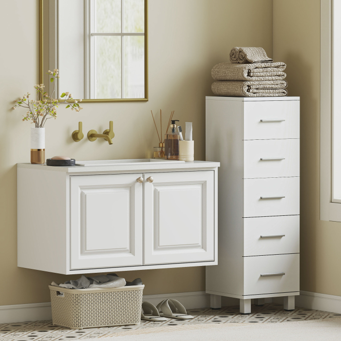  Dulap Slim pentru Baie cu 5 Sertare, Dulap Compact cu Manere Moderne, Comoda ingusta pentru Camera, Bucatarie sau Hol, 30x30x95 cm, Alb [7]