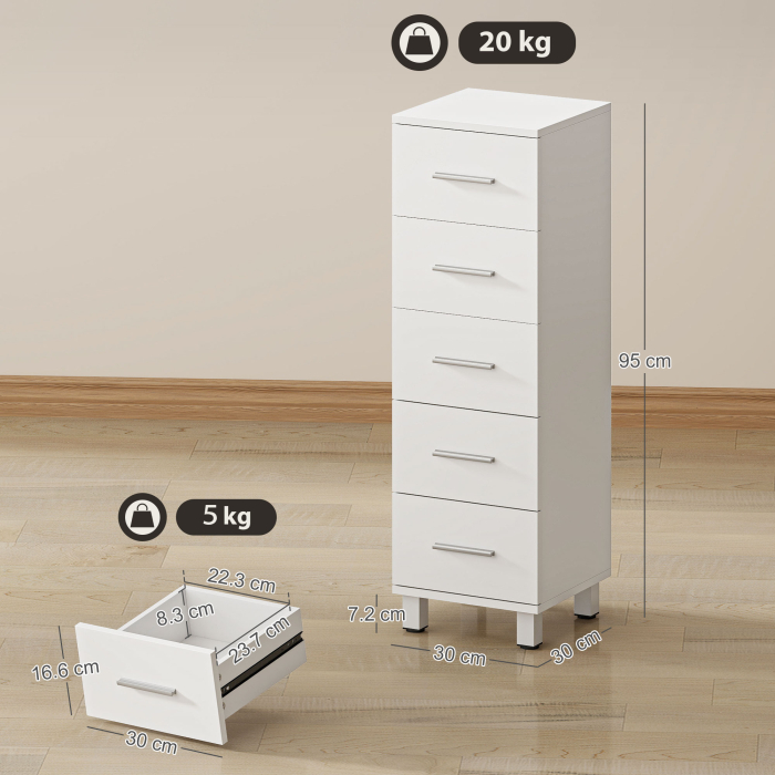  Dulap Slim pentru Baie cu 5 Sertare, Dulap Compact cu Manere Moderne, Comoda ingusta pentru Camera, Bucatarie sau Hol, 30x30x95 cm, Alb [3]