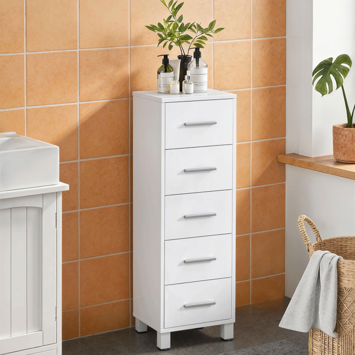  Dulap Slim pentru Baie cu 5 Sertare, Dulap Compact cu Manere Moderne, Comoda ingusta pentru Camera, Bucatarie sau Hol, 30x30x95 cm, Alb [2]