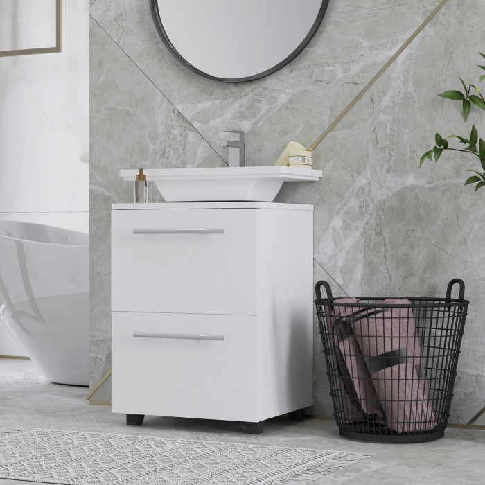  Dulap Sottolavabo pentru Baie cu Sertar si Dulap, Dulap Compact cu Decupaj in U, Mobilier Baie Modern si Economisire Spatiu, Potrivit pentru Lavoare fara Coloana, 41,5x35,5x59 cm, Alb [7]