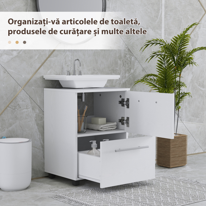  Dulap Sottolavabo pentru Baie cu Sertar si Dulap, Dulap Compact cu Decupaj in U, Mobilier Baie Modern si Economisire Spatiu, Potrivit pentru Lavoare fara Coloana, 41,5x35,5x59 cm, Alb [5]