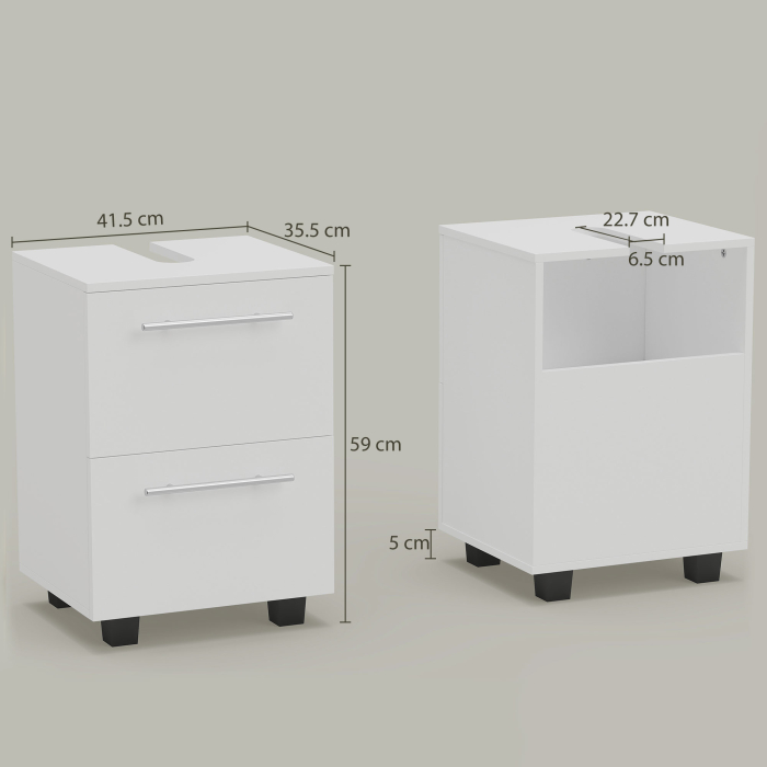  Dulap Sottolavabo pentru Baie cu Sertar si Dulap, Dulap Compact cu Decupaj in U, Mobilier Baie Modern si Economisire Spatiu, Potrivit pentru Lavoare fara Coloana, 41,5x35,5x59 cm, Alb [3]