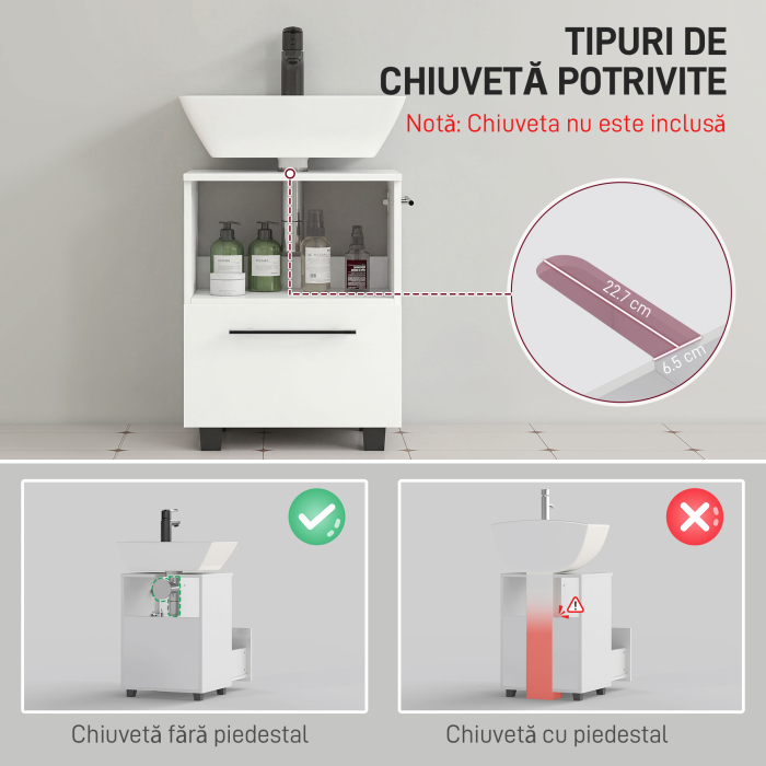  Dulap Sottolavabo pentru Baie cu Sertar si Dulap, Dulap Compact cu Decupaj in U, Mobilier Baie Modern si Economisire Spatiu, Potrivit pentru Lavoare fara Coloana, 41,5x35,5x59 cm, Alb [4]