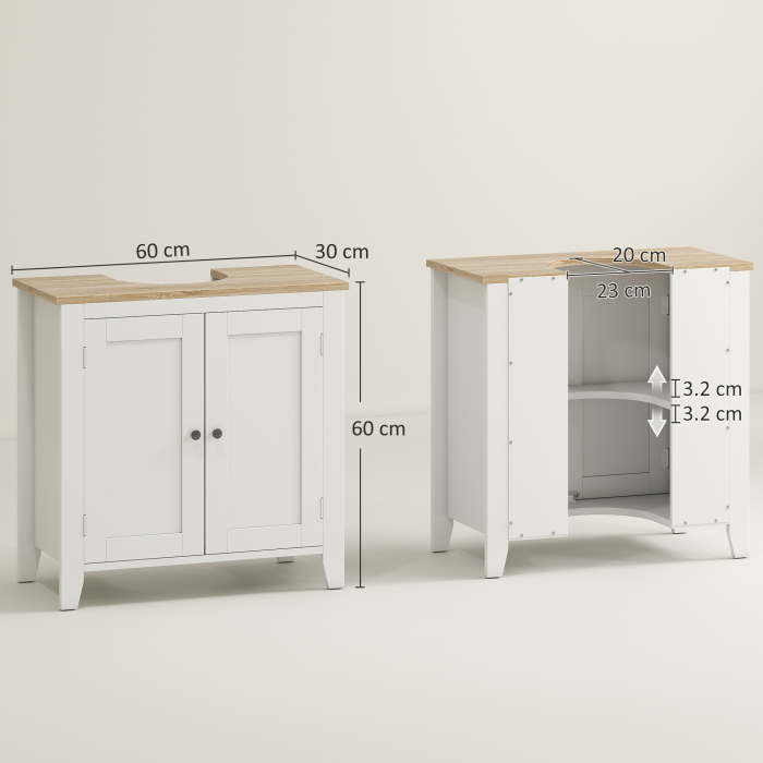  Dulap sub Chiuveta Baie in forma de U cu Raft Reglabil la Interior, din MDF, 60x30x60 cm, Alb si Lemn Natur [3]