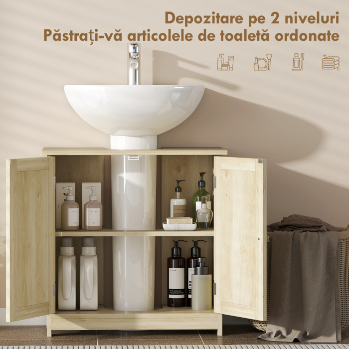  Dulap Sub Chiuveta cu 2 Usi si Raft Reglabil, Dulap de Baie Spatios cu Decupaj in Forma de U, 60x30x60 cm, Alb [5]