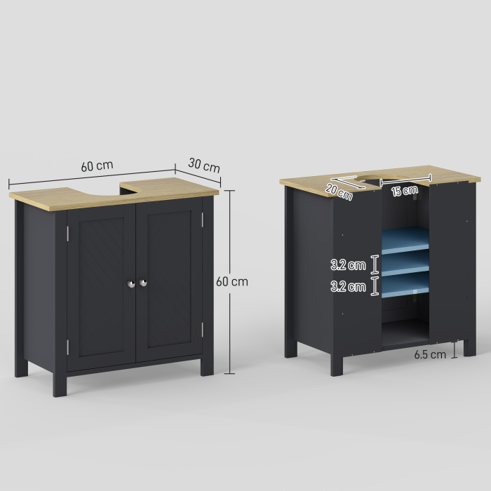  Dulap Sub Chiuveta din PAL si MDF cu 2 Usi si Raft Interior Reglabil, 60x30x60 cm, Gri [3]