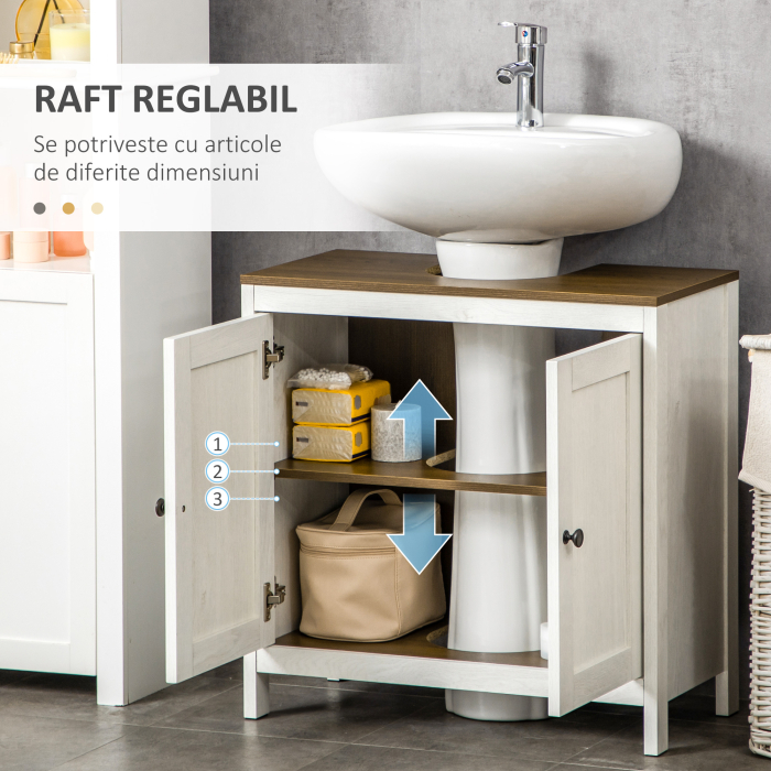  Dulap sub Chiuveta pentru Baie, din Lemn, cu Raft Interior Reglabil, 60x30x60 cm, Alb si Nuc [5]