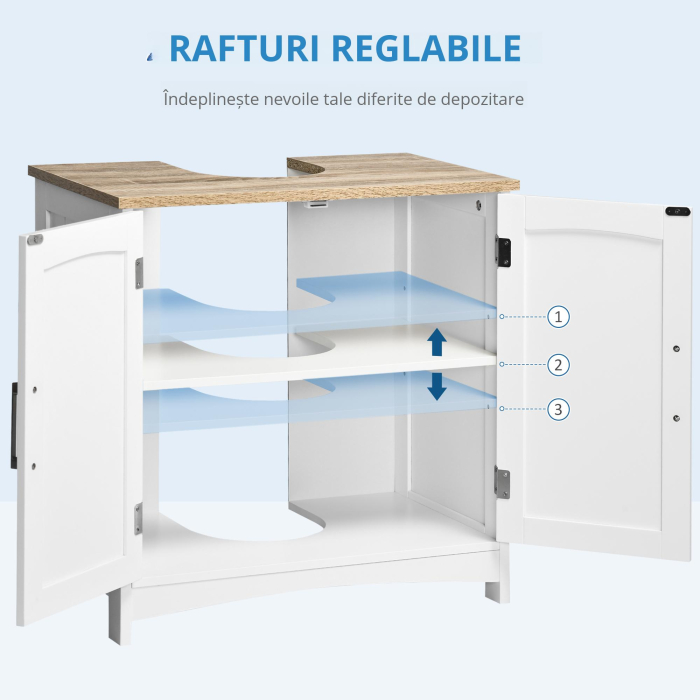  Dulap Sub Lavoar Baie cu 2 Usi si Raft Reglabil Alb si Lemn [6]