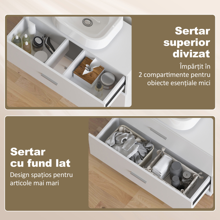  Dulap Sub Lavoar pentru Baie cu 2 Sertare, Dulap Modern si Economisitor de Spatiu pentru Lavoare Fara Piedestal, 80x30x60 cm, Alb [6]