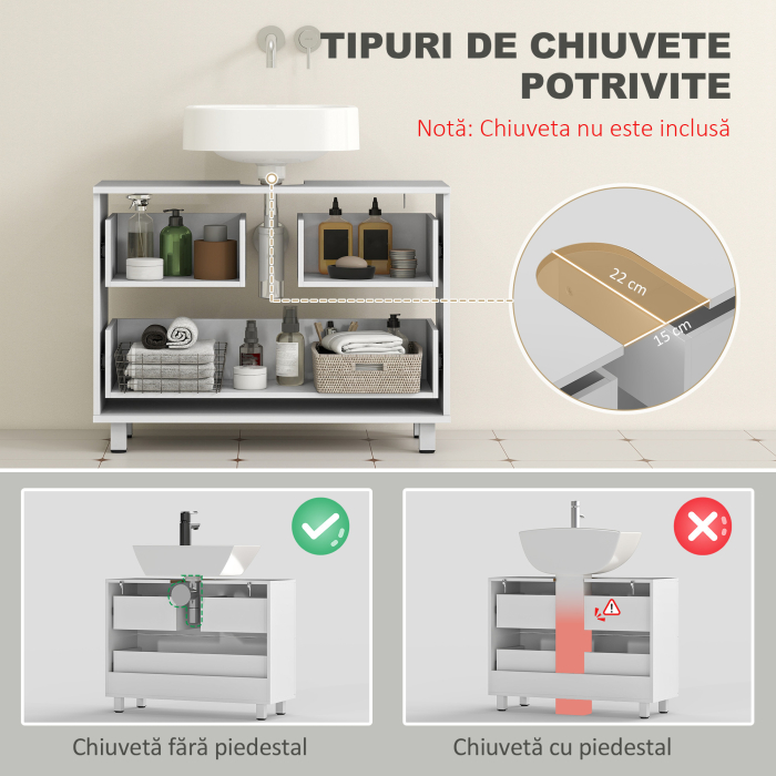  Dulap Sub Lavoar pentru Baie cu 2 Sertare, Dulap Modern si Economisitor de Spatiu pentru Lavoare Fara Piedestal, 80x30x60 cm, Alb [4]