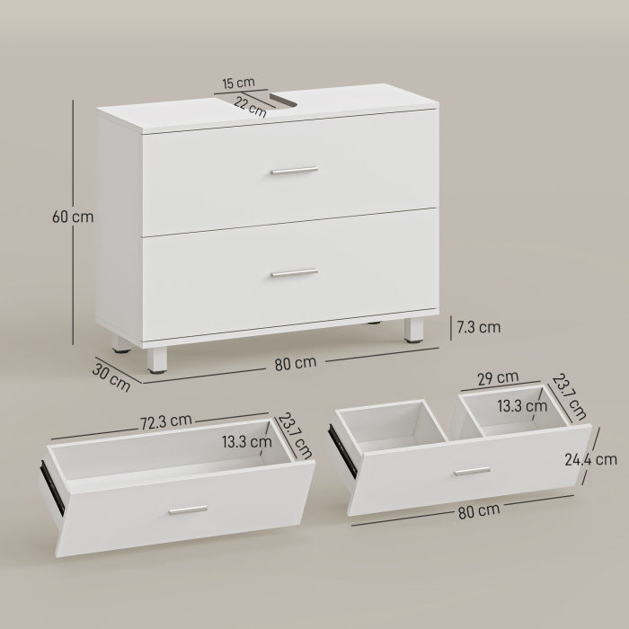  Dulap Sub Lavoar pentru Baie cu 2 Sertare, Dulap Modern si Economisitor de Spatiu pentru Lavoare Fara Piedestal, 80x30x60 cm, Alb [3]