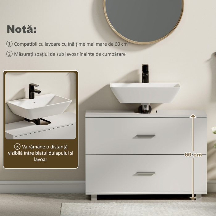  Dulap Sub Lavoar pentru Baie cu 2 Sertare, Dulap Modern si Economisitor de Spatiu pentru Lavoare Fara Piedestal, 80x30x60 cm, Alb [5]