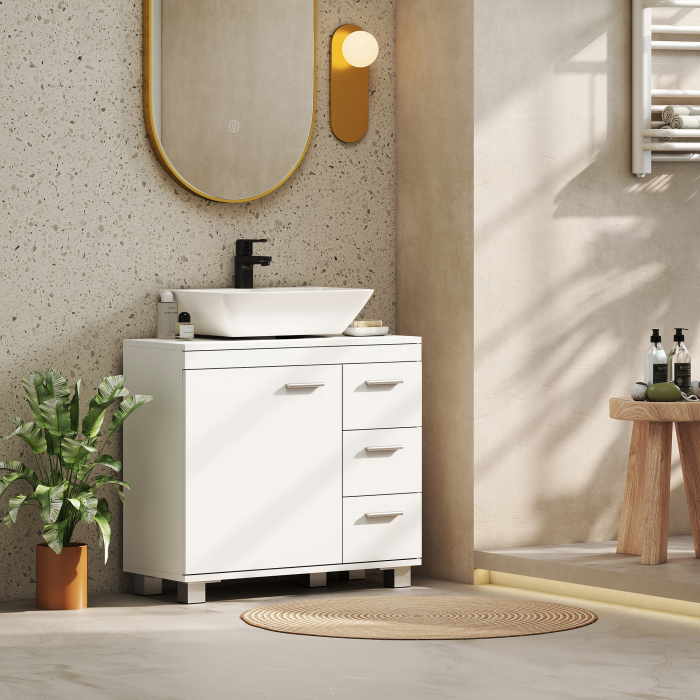  Dulap Sub Lavoar pentru Baie cu Usa Amortizata si 3 Sertare, Decupaj in Forma de U si Rafturi, Dulap Modern si Compact pentru Lavoare cu Piedestal sau Fara, Alb [8]